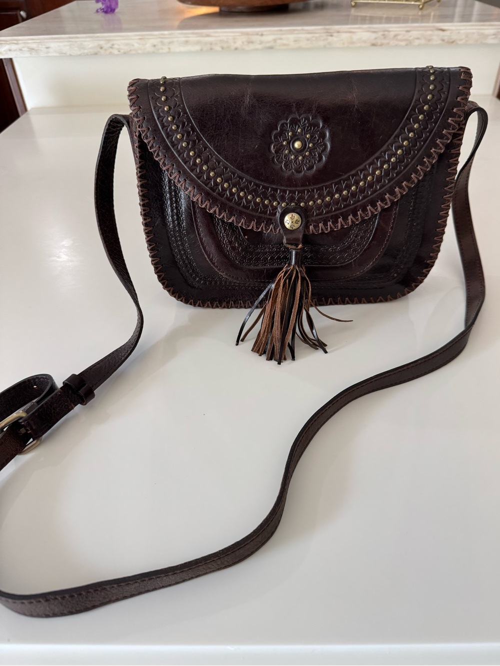 Patricia Nash Dark Brown Leather Tassel Crossbody